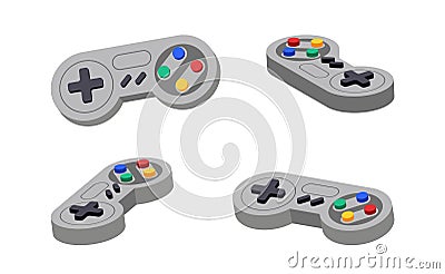 Joystick set different angles. Gamepad console retro control. Play symbol controller icon. Video joypad vector flat design Vector Illustration