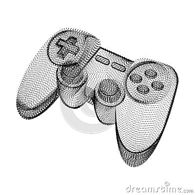 Joystick silhouette consisting of black dots and particles. 3D vector wireframe of a gamepad controller device with a grain Vector Illustration