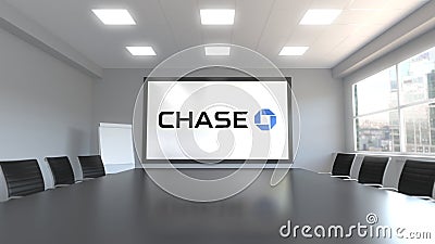 JPMorgan Chase Bank logo on the screen in a meeting room. Editorial 3D rendering Editorial Stock Photo