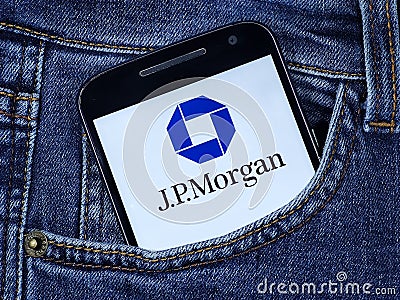 JPMorgan Chase logo seen displayed on smartphone in the pocket of jeans Editorial Stock Photo