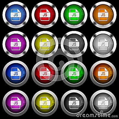 JS file format white icons in round glossy buttons on black background Stock Photo