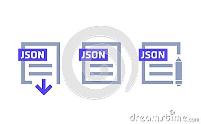JSON format, download file, edit document icons Vector Illustration