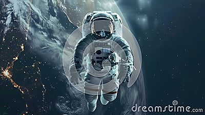 A jubilant astronaut, floating in space, looks back at Earth with a wide smile Stock Photo