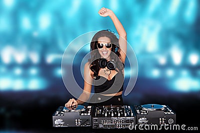 Jubilant female disc jockey Stock Photo