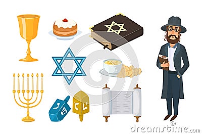 Judaism church traditional symbols hanukkah religious design and synagogue passover hebrew character torah Vector Illustration