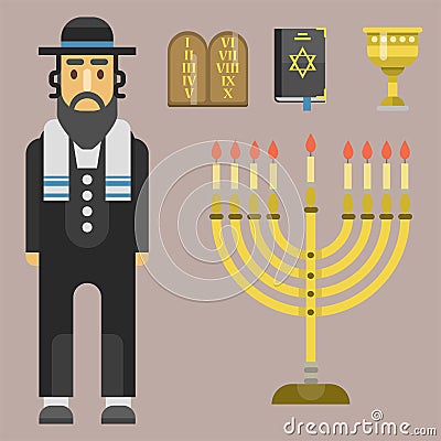 Judaism church traditional symbols isolated hanukkah religious synagogue passover hebrew character vector Vector Illustration