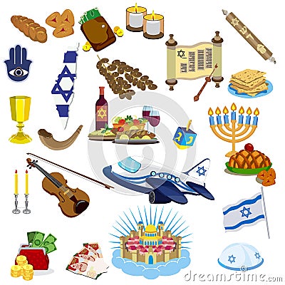Judaism traditional symbols icons set and jewish symbols Cartoon Illustration