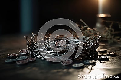 Judas 30 pieces of silver, sack thirty coins biblical symbol betrayal, religion, Bible A crown of thorns with thorns, a Stock Photo