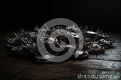 Judas 30 pieces of silver, sack thirty coins biblical symbol betrayal, religion, Bible A crown of thorns with thorns, a Stock Photo