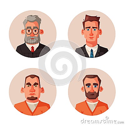 Judge character with hammer, lawyer and defendant. Cartoon vector illustration Vector Illustration