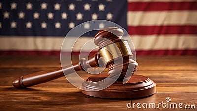 Judge gavel, American flag banner lawyer symbol vintage Stock Photo