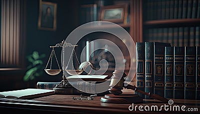 judge gavel and books. Law firm courtroom, Office space for legal work. Lawyers and judges. Stock Photo