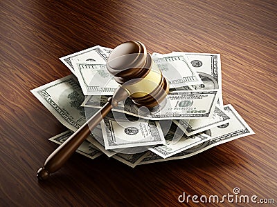 Judge gavel on 100 dollar paper money pile Stock Photo