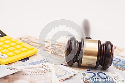 Judge gavel, euro banknotes and calculator Stock Photo