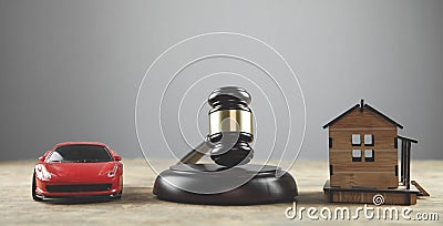 Judge gavel house and car on the wooden table Stock Photo