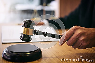 Judge gavel with Justice lawyers, Businessman in suit or lawyer Stock Photo