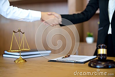 Judge gavel with Justice lawyers having meeting with team Stock Photo