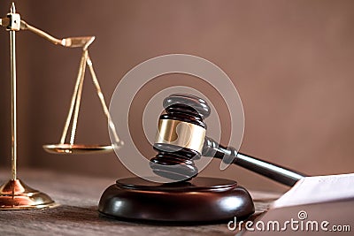 Judge gavel with Justice lawyers, object documents working on table. Legal law, advice and justice concept Stock Photo