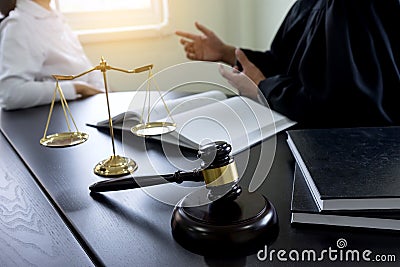Judge gavel with Justice lawyers Plaintiff or defendant meeting Stock Photo
