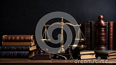 Judge gavel, old books and scales on a wooden table, justice symbols for balance and power in law and court Stock Photo