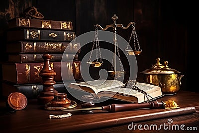 Judge gavel, old books and scales on a wooden table, justice symbols for balance and power in law and court AI generated Stock Photo