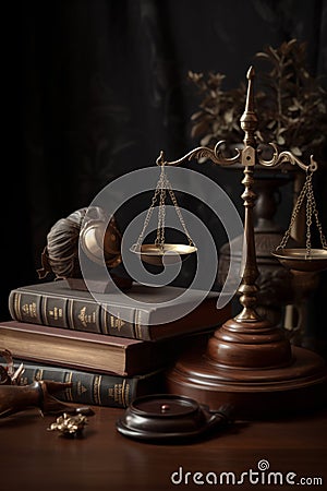 Judge gavel, old books and scales on a wooden table, justice symbols for balance and power in law and court AI generated Stock Photo