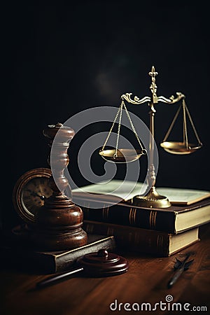 Judge gavel, old books and scales on a wooden table, justice symbols for balance and power in law and court AI generated Stock Photo