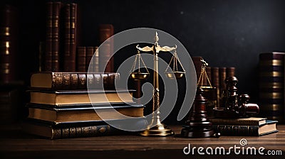 Judge gavel, old books and scales on a wooden table, justice symbols for balance and power in law and court Stock Photo