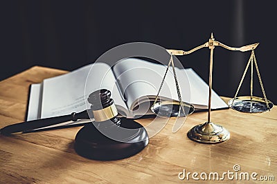 Judge gavel with Scale of justice, object documents working on table in courtroom, Legal law advice and justice concept Stock Photo