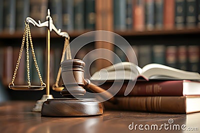 Judge gavel, scales of justice and law books in court Stock Photo