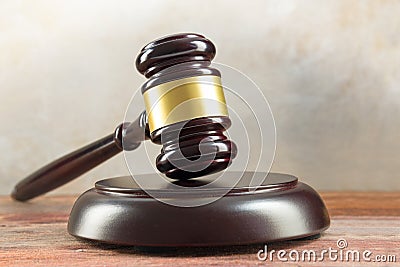 Judge gavel and sound board on a wooden desk, justice symbol and Stock Photo