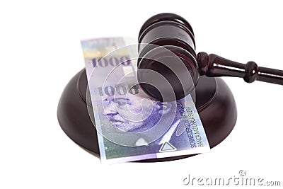 Judge Gavel and Swiss Thousand Franc Currency Stock Photo