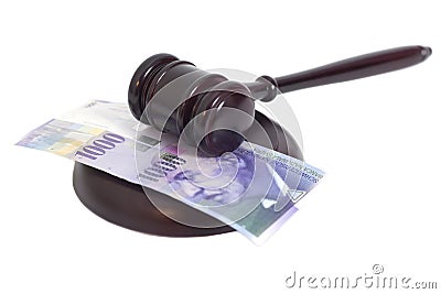 Judge Gavel and Swiss Thousand Franc Currency Stock Photo