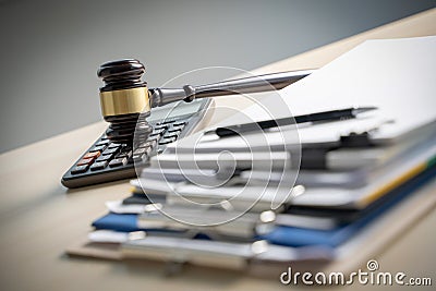 Judge hammer and business report papers, important documents Stock Photo