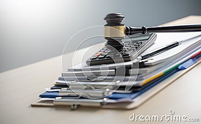 Judge hammer and business report papers, important documents Stock Photo