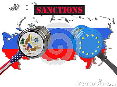 Judge hammer, European Union and United States of America sanctions against Russia, flag and emblem. 3d illustration. Isolated on Cartoon Illustration