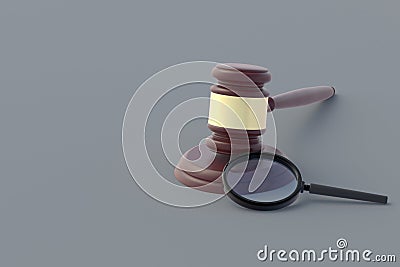 Judge hammer near magnifying glass on gray background Stock Photo