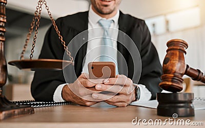 Judge, hands and professional man typing communication, networking or texting legal contact, law firm consultant or Stock Photo