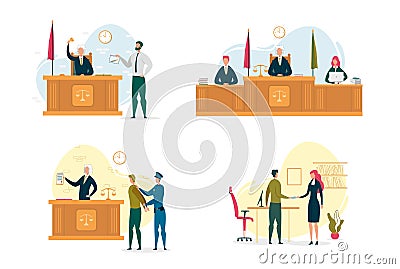 Judge and Jury in Courtroom, Criminal Procedure. Vector Illustration