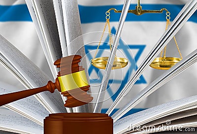 The judge`s gavel, the book of laws and scales against the background of the flag of Israel.3d-image Stock Photo