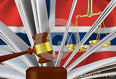 The judge\'s gavel, the book of laws and scales against the background of the flag of the Kingdom of Norway.3d-image Stock Photo