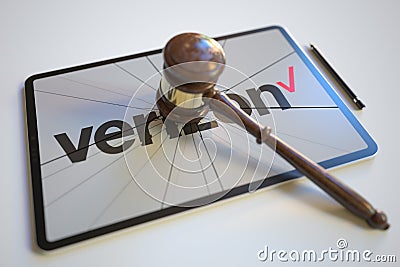 Broken tablet computer screen with logo of VERIZON and judge's gavel. Editorial conceptual 3d rendering Editorial Stock Photo