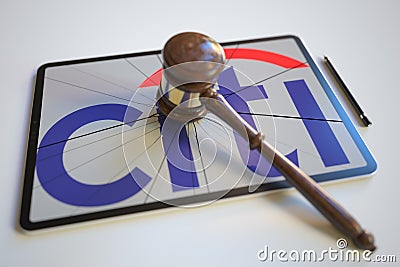 Judge's gavel and broken tablet computer screen with logo of CITIGROUP. Editorial conceptual 3d rendering Editorial Stock Photo