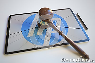 Broken tablet computer screen with logo of HP and judge's gavel. Editorial conceptual 3d rendering Editorial Stock Photo