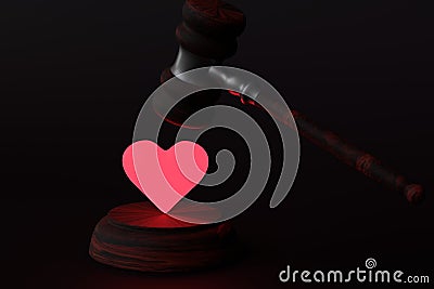 The judge`s gavel hits the glowing heart. Divorce concept. 3D render Stock Photo