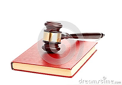 Judge's gavel on red legal book Stock Photo