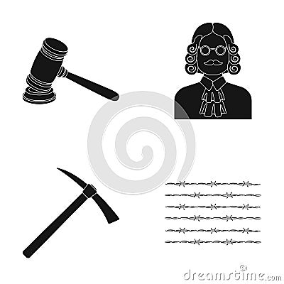 Judge, wooden hammer, barbed wire, pickaxe. Prison set collection icons in black style vector symbol stock illustration Vector Illustration