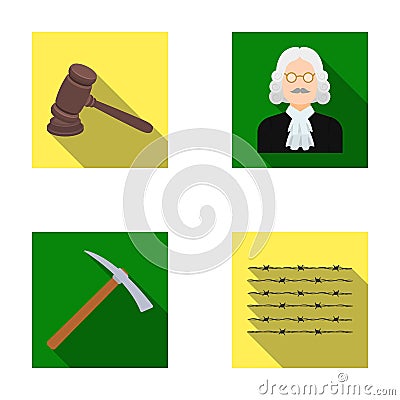 Judge, wooden hammer, barbed wire, pickaxe. Prison set collection icons in flat style vector symbol stock illustration Vector Illustration