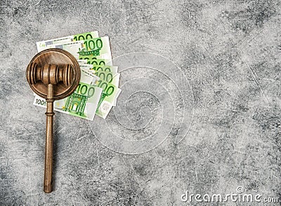 Judges Gavel and euro cash money. Auctioneer hammer Stock Photo