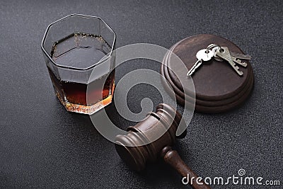 Judges hammer and alcohol liquor. Concept for drink driving. Justice legal and jurisprudence Stock Photo